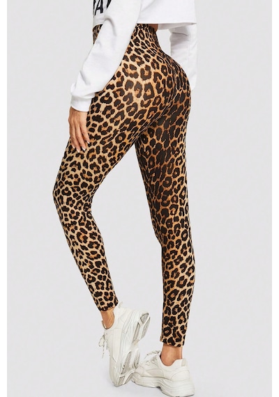 Moda Dua Kadın Leopar Desenli Yüksek Bel Dar Kesim Esnek Tayt