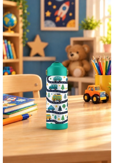 Puccon 540 Ml Araba Ve Yol Desenli Yeşil - Beyaz Erkek Çocuk Pipetli Çelik Termos Matara/suluk - 60054