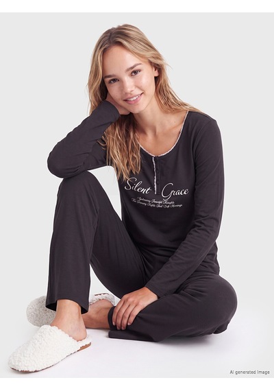 Lcw Dream Antrasit Bisiklet Yaka Baskılı Kadın Pijama Üstü