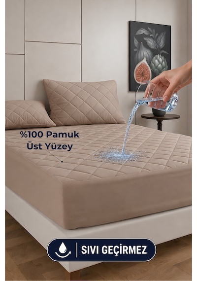 %100 Pamuk Renkli Kapitone Sıvı Geçirmez Alez Çarşaf - Kahverengi