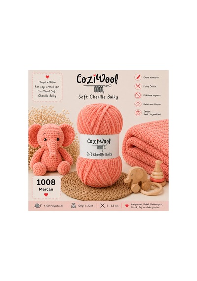 Kadife İp Soft Chenille Bulky 5'li Paket 5x100 Gr 120 Mt El Örgü İpi Mercan - 875823131