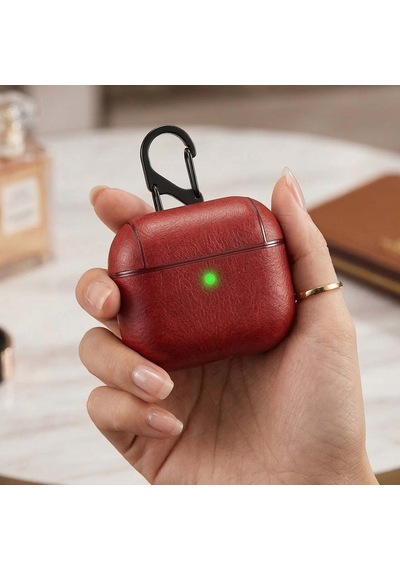 Caseonn Apple Airpods Uyumlu 5 Kılıf Kancalı Lüks Deri Görünümlü Kırmızı