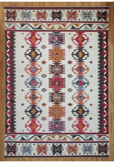 Krem Ve Çok Renkli Geometrik Desenli Halı - 12479ou Krem - Bordo