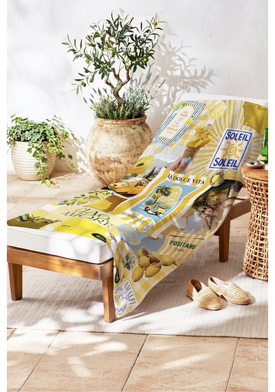 Limon Temalı Amalfi Akdeniz Plaj Havlusu-italyan Yaz Kolaj Sarı Mavi Hızlı Kuruyan Mikrofiber Havlu Çok Renkli