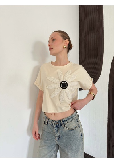 Verymoda Çiçek Detaylı Tişört D2910 Ham