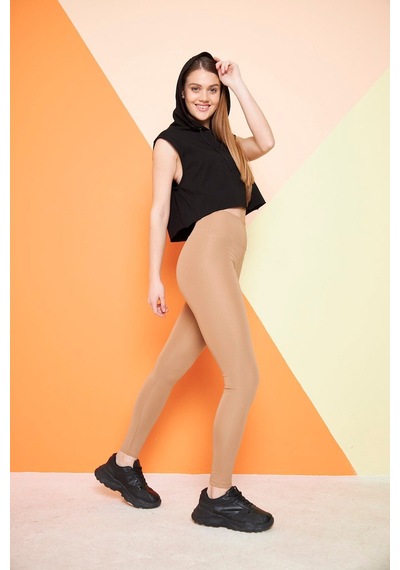 Thıff Gymwear Camel Yüksek Bel Sıkılaştırıcı Toparlayıcı Dalgıç Kumaş Spor Günlük Tayt Kahverengi