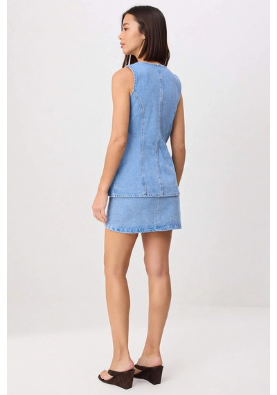 Benerly Kadın Kolsuz Kare Yaka Denim Yelek Etek Takımı %100 Pamuk Regular mavi
