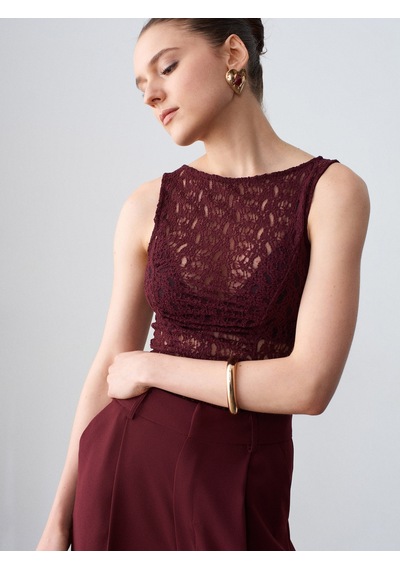 Dilvin 21202 Dantel Detaylı Kolsuz Top-bordo