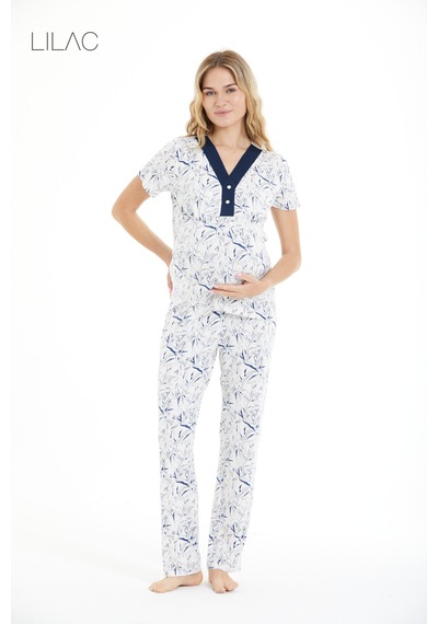 Lılac Kadın %95 Viskon Çiçek Desenli Hamile & Lohusa Düğmeli Pijama Takımı Beyaz - Lacivert