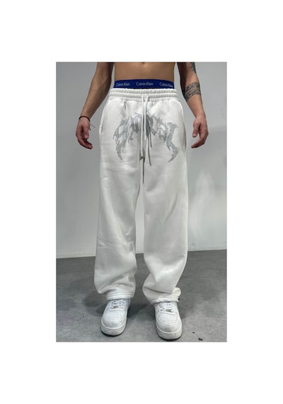 Zaee Taşlı Baggy Eşofman Kışlık Kumaş Beyaz