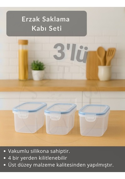 3'lü Set Erzak Kabı Vakumlu Hava Almaz Bpa Free Kilitlenebilir Bakliyat Kabı 1,25 L Şeffaf