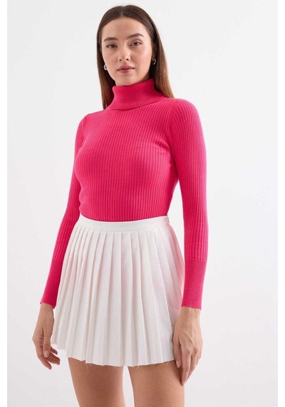 Onno Style Women Fitilli Balıkcı Yaka Basic Kazak Fuşya
