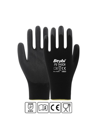 Beybi 7 Beden 12li Paket Poliüretan Kaplı Pu Touch Siyah Montaj Eldiven En388 3121x Çok Renkli