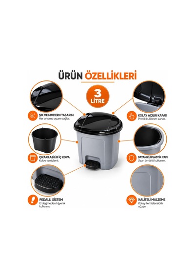 Lexroo 3 Litre Plastik Pedallı Çöp Kovası İç Hazneli İç Kovalı Kapaklı Çöp Kutusu Çok Renkli