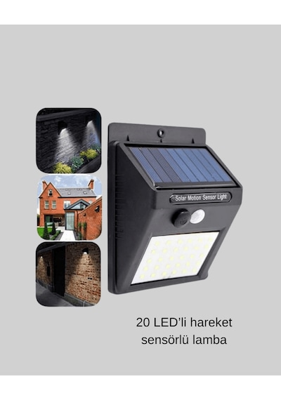 20 Led Fotoselli Dış Mekan Duvar Lambası, Güneş Panelli, Hareket Algılamalı Çok Renkli