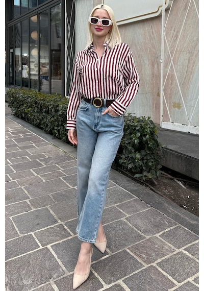 Madmext Bordo Cep Detaylı Çizgili Kadın Gömlek Mg2295 Bordo