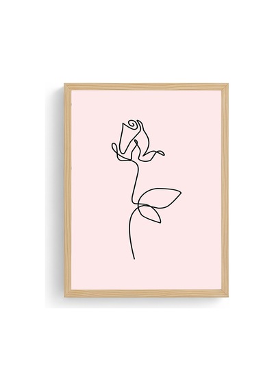 Doğal Ahşap Çerçeveli Retro Çizgi Desenli Gül Tablo - Minimalist Huhu2350