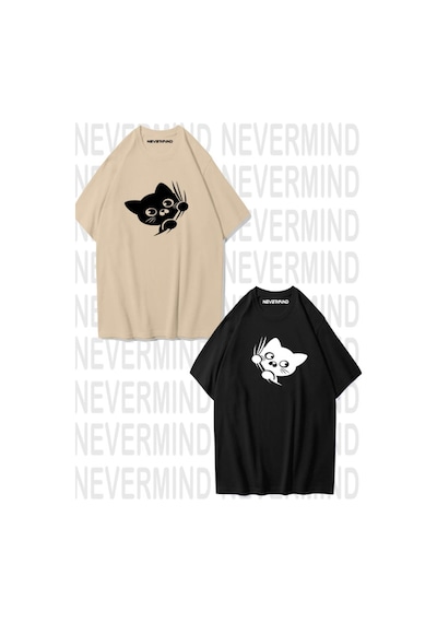 Nevermind Sevimli Cat Temalı Unisex Çift Tişörtü Bej-Siyah
