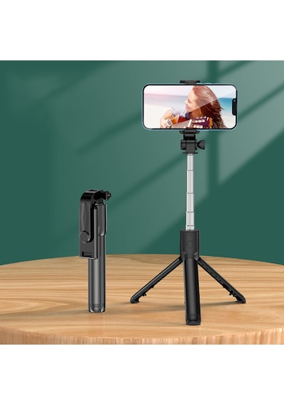 Siyah Renk Işıklı Bluetooth Kumandalı Dikey Ve Yatay Çekim Tripodlu Selfie Çubuğu Öz Çekim Tripodu