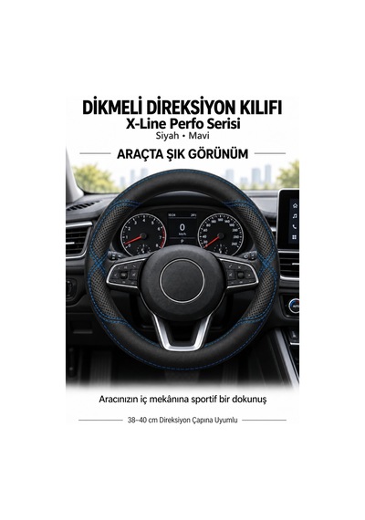 Trobus Seat Ateca 2016-2023 Uyumlu Dikmeli Direksiyon Kılıfı X-line Perfo Siyah Mavi Siyah - Mavi