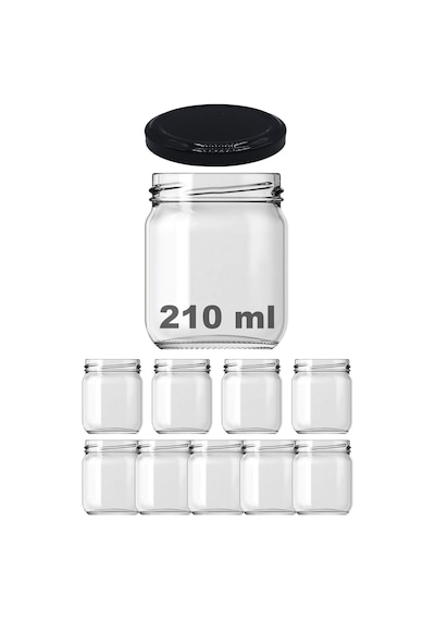 Afracam 210 Ml Siyah Metal Kapaklı Şeffaf Cam Kavanoz 9 Adet