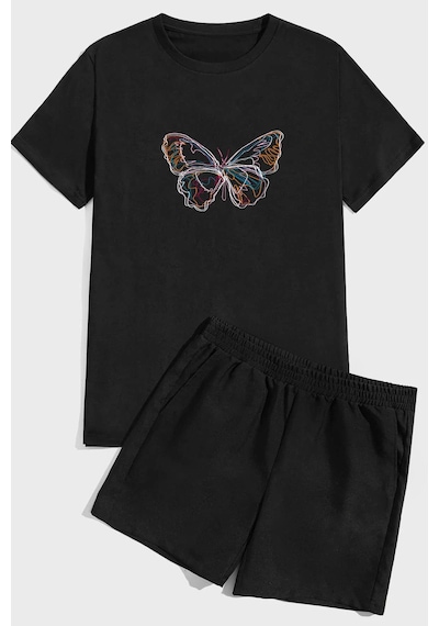 Uyguntarz Butterfly Baskı Şort Takım Siyah