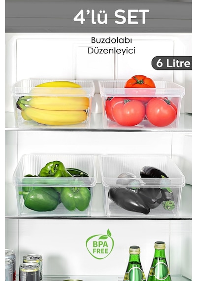 4 Adet Dolap İçi Buzdolabı Düzenleyici - Meyve Sebze Saklama Kabı Buzdolabı Organizer Sepet 6 Litre Şeffaf