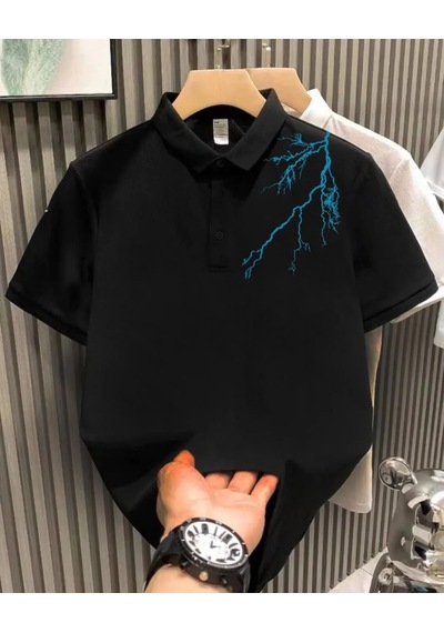 Erkek Polo Yaka Tişört Düğmeli Yıldırım Baskılı Pike T-shirt - Siyah