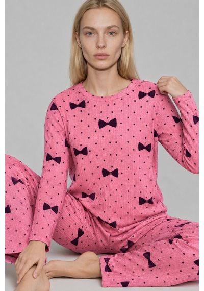 Kadın Desenli Nefes Alan Pembe Pijama Takımı 4694