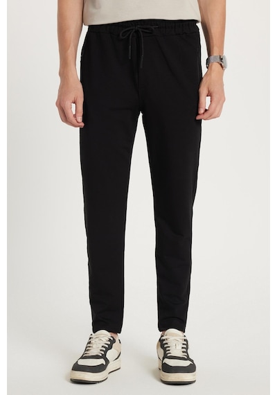 Tudors Unisex Standart Fit Pamuklu 2 İplik Fermuar Cepli Lastikli Bağlamalı Düz Paça Siyah Eşofman Altı-34068 Siyah
