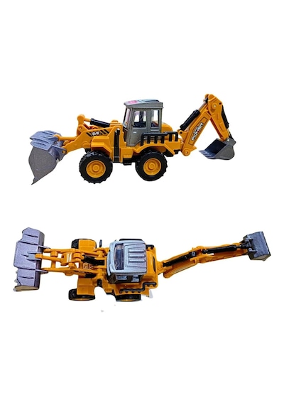 Diecast Oyuncak Metal İnşaat Araçları Çift Taraflı Dozer Kepçe Sürtmeli Kazıcı Ve Yükleyici Kutulu Sarı