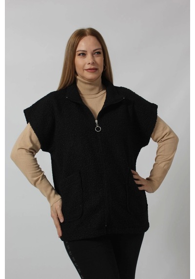 Moda Berray Siyah Büyük Beden Fermuarlı Peluş Yelek Siyah