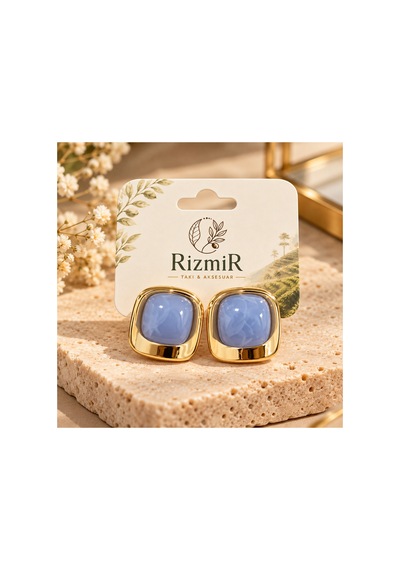 Gold Çerçeveli Kare Kadın Küpe Mavi