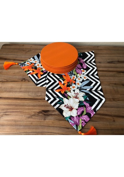 Zigzag Desen Üzerine Lilyum Çiçek Desenli Runner & Turuncu Supla Çok Renkli