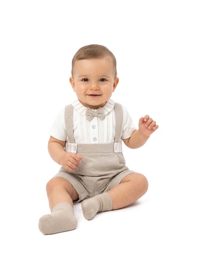 Bebegen Erkek Bebek Beyaz Bej Askılı Papyonlu Çizgili Detaylı Tulum