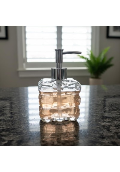 Beyaz Bubble Design Cam Sıvı Sabunluk - 450 Ml Kabartmalı Şık Banyo Ve Mutfak Sabunluğu 7x12 C 5066 - Şeffaf