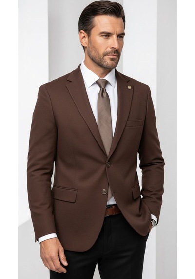 Plus Scorpion Erkek Slim Fit Çift Düğme Çift Yırtmaçlı Blazer Ceket Premium Dokulu Kumaş Kahverengi