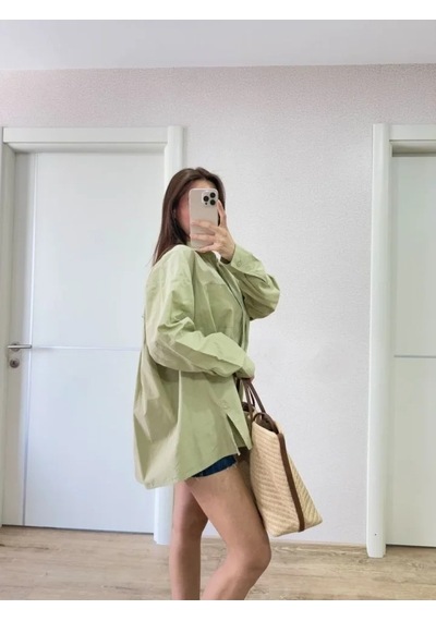 DefyModa Oversize Pens Detaylı Cepli Yırtmaçlı Rahat Kalıp Poplin Gömlek - Yeşil