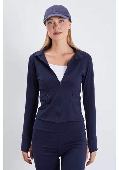 Fullamoda Parmak Geçirmeli Dalgıç Kumaş Slim Fit Ceket Lacivert