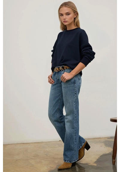 Hiccup Oversize Bisiklet Yaka Basic Sweatshirt Lacivert
