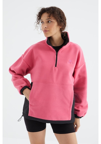 Tommy Life Şeker Pembe Yarım Fermuar Etek Ucu Büzgülü Dik Yaka Oversize Kadın Polar Sweatshirt - 97236 Şeker Pembe