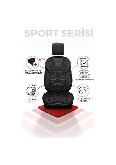 Siyah - Gri Panda Sport Serisi Jakar Kumaş Oto Koltuk Kılıfı - Tam Set