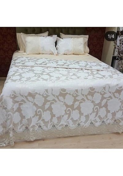Ahu Lüks Güpürlü Polyester Pamuk Kumaş Bej Pike Takımı 6 Parça 45 Krem