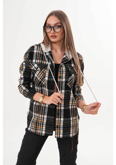 Polologin Butik Kadın Siyah Beyaz Sarı Çizgili Kapşonlu Gömlek Siyah