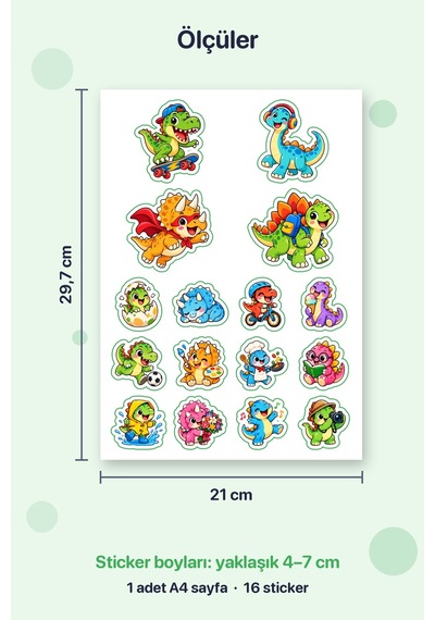 Dinozorlar İş Başında 16 Adet Dinozor Sticker Çıkartma A4 Ajanda Etiketi Çok Renkli