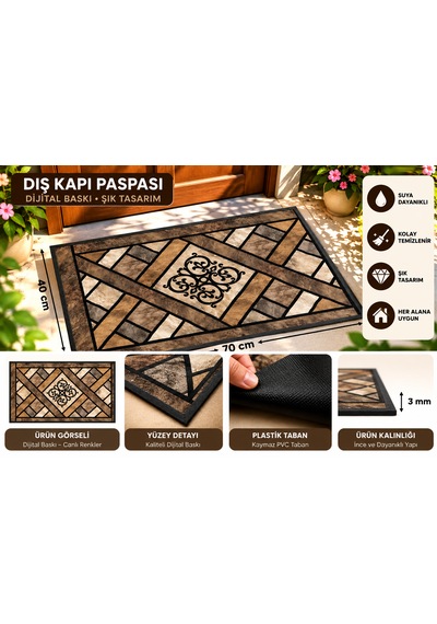 Dış Kapı Paspası Dijital Baskılı, Kaymaz Pvc Plastik Tabanlı, Şık Desenli Kapı Önü Paspası 40x70 Cm Karışık Çok Renkli