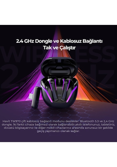 Tw970 Tws Rgb Gaming Bluetooth Kulaklık - 2.4ghz Ve Bluetooth Modu Siyah