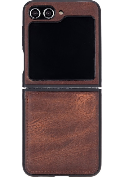 Samsung Galaxy Z Flip5 Uyumlu, Hakiki Deri, El Yapımı Arka Kapak Antik Kahve Diğer