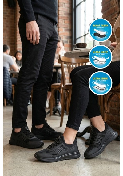 Walkway Siyah Fileli Hafif Esnek Kilit Bağcıklı Unisex Spor Ayakkabı Motano G