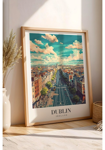 Dublin Ireland Vintage Seyahat Posteri Çerçeveli Tablo - Premium Şehir Elit Duvar Dekoru Kayın